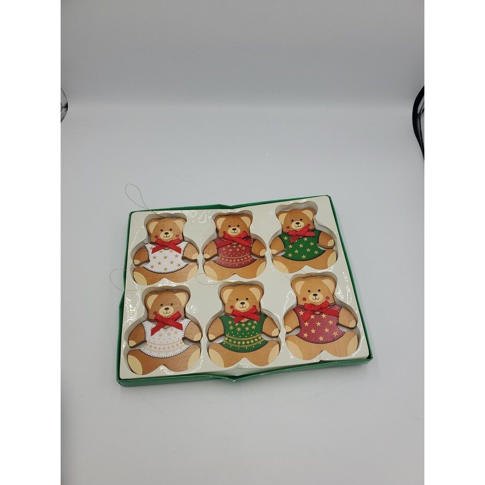 6 VTG Flat Wooden Teddy Bear Christmas Ornament Holiday Gift 3.75" Tall Decor